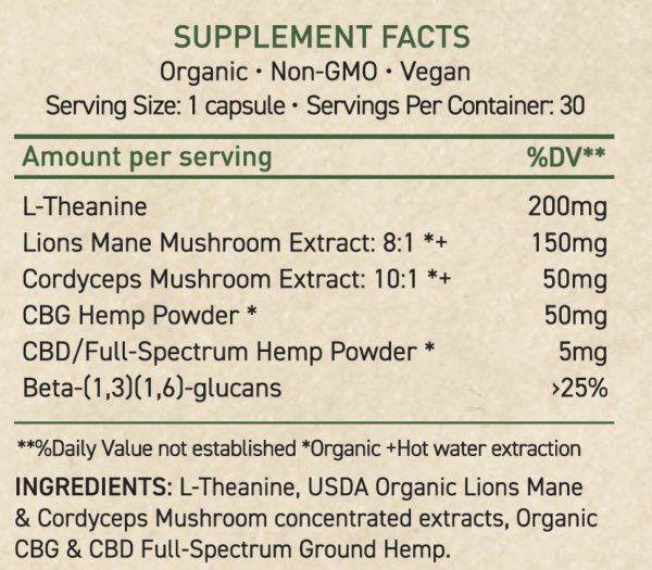 CBG-M Calm Focus  Full-Spectrum CBD/CBG & Mushroom Blend Capsule 1500MG CBG & 6000MG Mushroom Extracts - Image 2